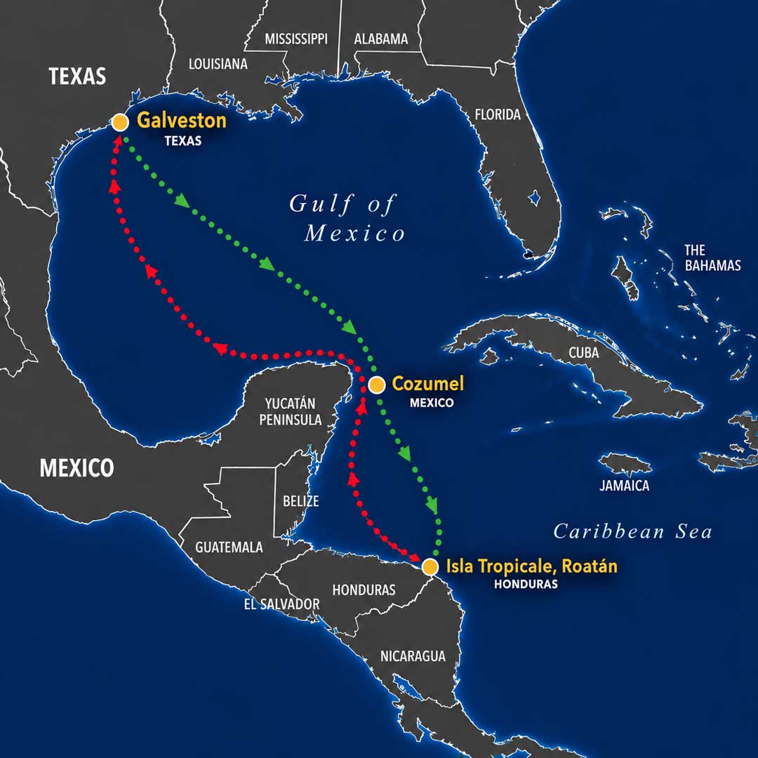 Juneteenth Freedom Cruise 2027 itinerary map showing Galveston, Cozumel and Isla Tropicale, Roatan
